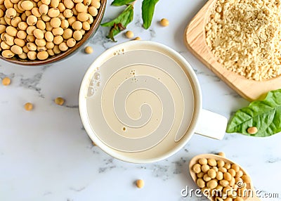 Top view of soymilk cups placed on the marble table Stock Photo