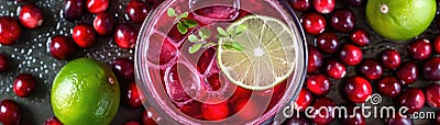 Top View Sparkling Cranberry Mocktail With Lime. Banner For Web. Generative AI Stock Photo