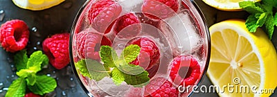 Top View Sparkling Raspberry Lemonade With Fresh Raspberries Banner Background. Generative AI Stock Photo
