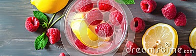 Top View Sparkling Raspberry Lemonade With Fresh Raspberries. Banner For Web. Generative AI Stock Photo