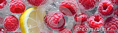 Top View Sparkling Raspberry Lemonade With Fresh Raspberries. Banner For Web. Generative AI Stock Photo