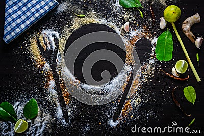 Top View Spices and Herbs on the table. Stock Photo