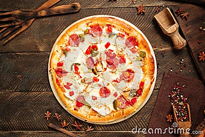 Top view on spicy mexicano pizza with jalapenos Stock Photo