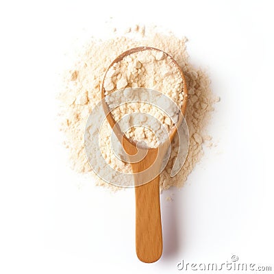 Top view of spoon with protein powder flour on white background Generated by AI . Stock Photo