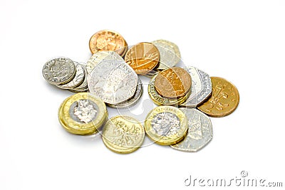 Top view stack of British currency coins isolate on white background Editorial Stock Photo