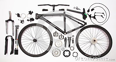 Top view still life of bicycle parts, and equipment on the white Stock Photo