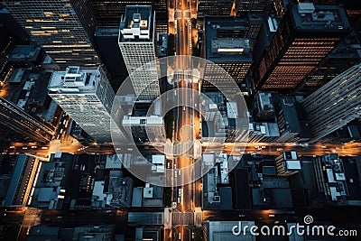 top view streets of a big city with skyscrapers, night time Stock Photo