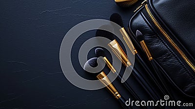 Top view of stylish cosmetic bag with different brushes. Dark black and gold color palette. Generative AI Stock Photo