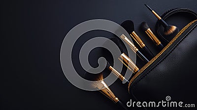 Top view of stylish cosmetic bag with different brushes. Dark black and gold color palette. Generative AI Stock Photo