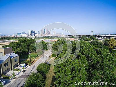 Top view suburban residential houses with downtown Houston in ba Stock Photo