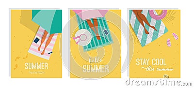 Top view of a summer background. Summer water activities. Women relaxing at the beach. Vector cards, poster design Vector Illustration