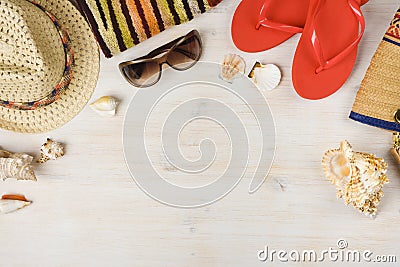 Top view of summer beach accessories on wooden background Stock Photo