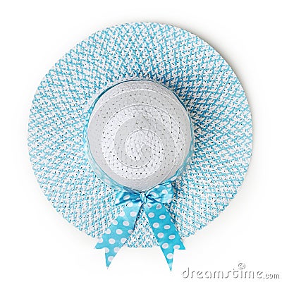 Top view summer beach round straw blue hat with azure spotted bow ribbon isolated in white background Stock Photo