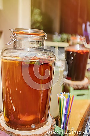 Top view of summer dinks, fruit cocktails on white wood table wi Stock Photo