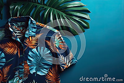 Top view of a summer outfit on a blue background with a copy space, Beach outfit, illustration of a tropical shirt on a Cartoon Illustration