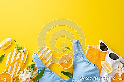 Top view of summer stylish trend. Blue swimwear, slippers orange lemon sunglasses, flowers and accessories laid flat on a bright Stock Photo