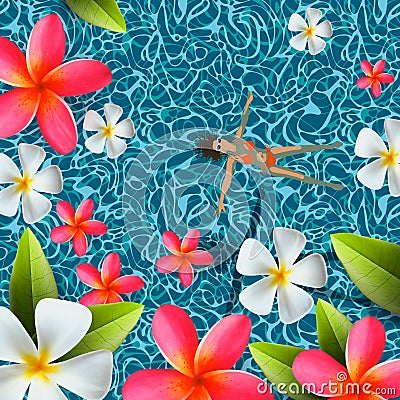 Top view, summertime, holidays background, young woman swimming, relax in swim pool water, frangipani flowers, vector. Vector Illustration