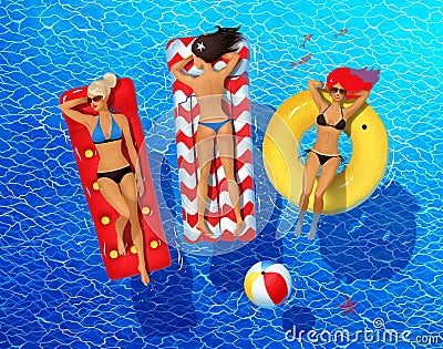 Summertime illustration of three young women Cartoon Illustration