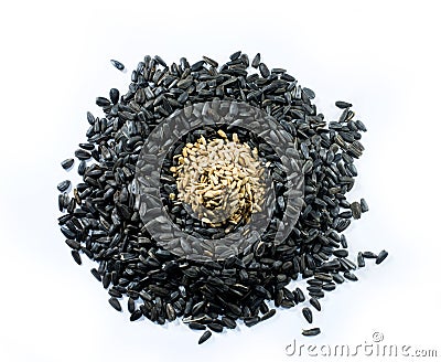 Top view of sunflower black seeds and peeled seeds Stock Photo