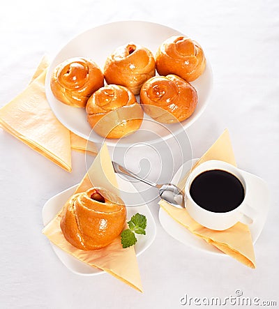 Top view of sweet cake and coffee breakfast Stock Photo