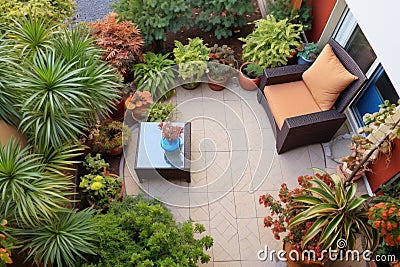 top view of swept backyard patio with potted plants Stock Photo