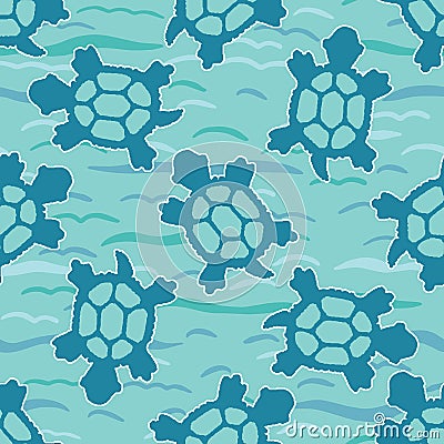 Top view of swimming sea turtles pattern. Seamless vector sealife background. Hand drawn endangered ocean nature all over print. Stock Photo