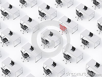 A top view of the symmetric corporate workplaces on white floor. A concept of corporate life. Black leather chairs, white tables a Stock Photo