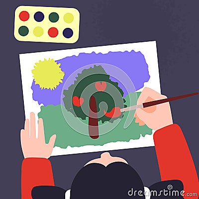 Top view of a table with draw hands. Vector illustration of painting workshop. Creative art lab template.Paint, canvas Vector Illustration