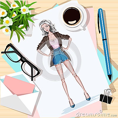 Top view of table with flowers, papers, sketch, pen, envelope and coffee cup. Paper with hand drawn fashion woman. Vector Illustration