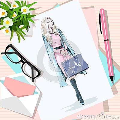 Top view of table with flowers, papers, sketch, pen, envelope. Paper with hand drawn fashion woman with bags. Vector Illustration