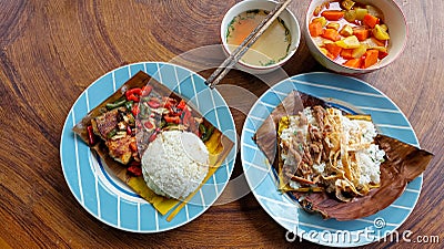 Top view of a table full of authentic traditional khmer food for breakfast Stock Photo