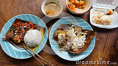 Top view of a table full of authentic traditional khmer food for breakfast Stock Photo