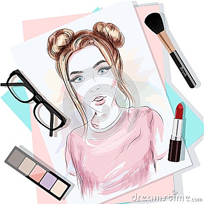 Top view of the table with papers, woman`s portrait, brush, lipstick, eyeglasses and eyeshadows. Stylish graphic set. Vector Illustration