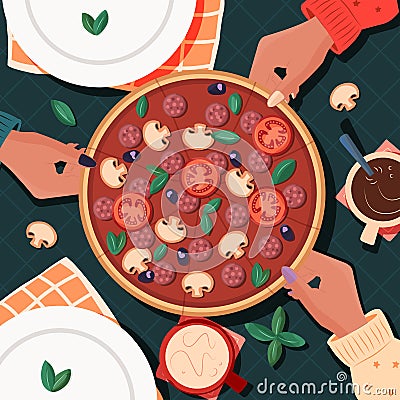 Top view of table with pizza and friends sharing. People taking slices, having a meal, with drinks. Colorful vector Vector Illustration