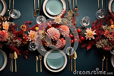 top view of a table with place settings, dinnerware, and flower centerpiece Stock Photo