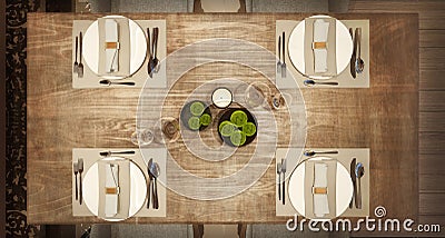 Top view of table setup for modern Arabic restaurant, concept, wooden distressed table, 3d render Cartoon Illustration