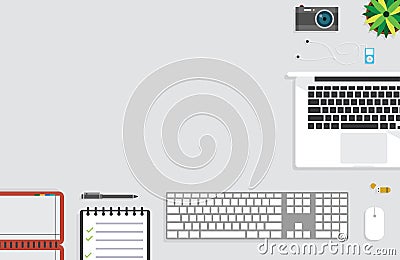 Top view of table working and working desk and free space for text with accessory on the table Stock Photo