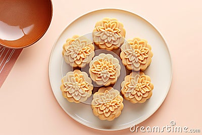 Top view of taditional Chinese Mooncake pastries on plate Stock Photo