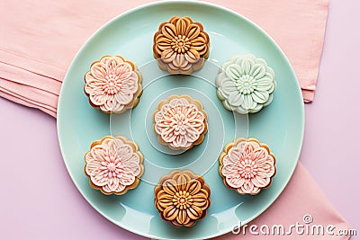 Top view of taditional Chinese Mooncake pastries on plate Stock Photo