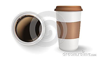 Top view of realistic, to go and takeaway paper coffee cup with lid and ripple sleeve. Vector Illustration