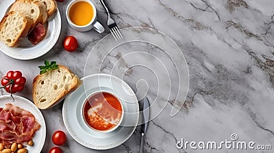 Top view of tasty english breakfast on the table with copy space. Generative AI Stock Photo