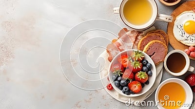 Top view of tasty english breakfast on the table with copy space. Generative AI Stock Photo