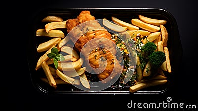 Top view tasty food fish and chips plate on a black background Stock Photo