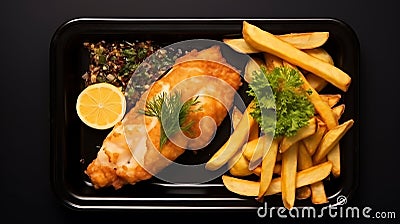 Top view tasty food fish and chips plate on a black background Stock Photo