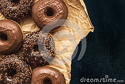 Top view of tasty homemade chocolate doughnuts Stock Photo