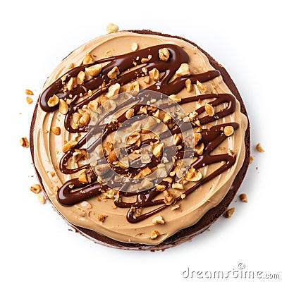 Top view of tasty peanut butter and chocolate paste sprinkled with crushed nuts cake isolated on white Stock Photo