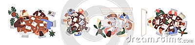 Top view of teams working together at conference tables. Set of people during brainstorming, work or education process Vector Illustration