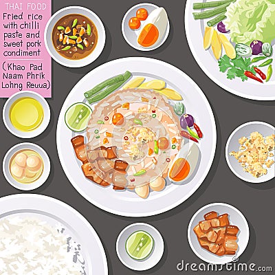 Top view of Thai food, fried rice with chili paste and sweet pork condiment Khao Pad Naam Phrik Lohng Reuua. Vector Illustration