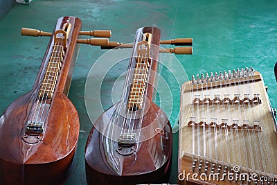 Top view Thai musical instruments, zither and kim are wooden stringed instruments. Stock Photo