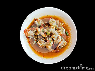 Top view, Thai Spicy Shrimp isolated on black Stock Photo